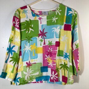 Womens Hot Cotton Linen Top 1/2 Sleeve Palm Trees Green Blue Pink S Linen‎